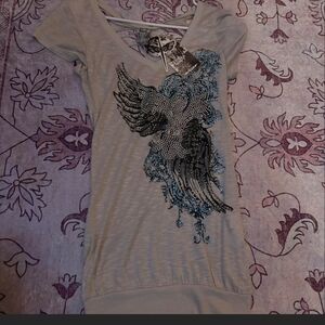 NWT ZARGA Embellished Gray Top/Mini Dress with Blue Accents And Cut Out Back